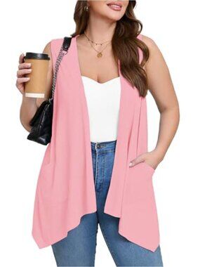 Plus Size Sleeveless Cardigan Open Front Long Duster with Pockets